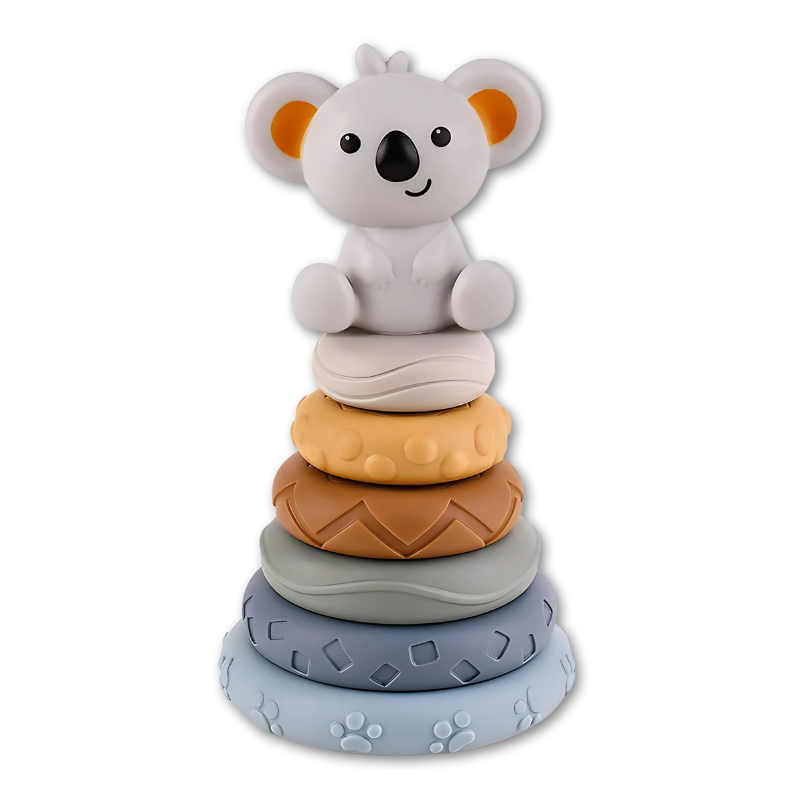 Soft silicone stacking toy for babies, featuring various colored rings and shape blocks for learning