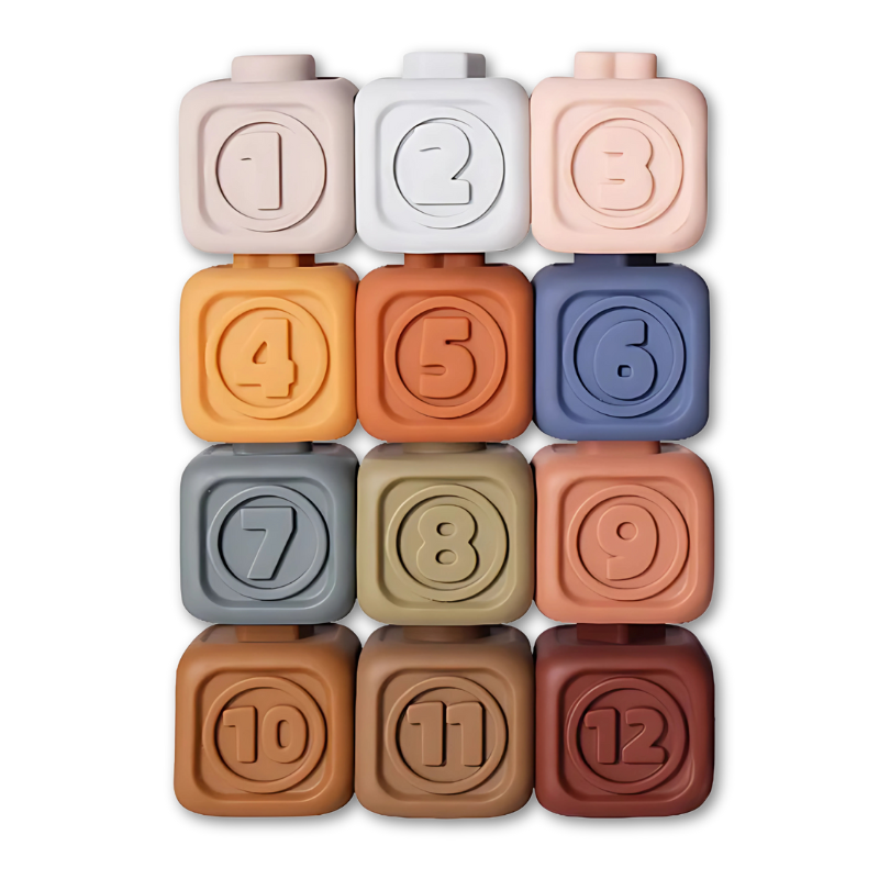 Colorful silicone stacking toy set, perfect for baby sensory play, teething, and fine motor skill development