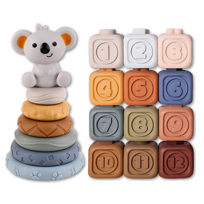 Early development baby toy: stacking rings and blocks made from soft, safe silicone for toddlers