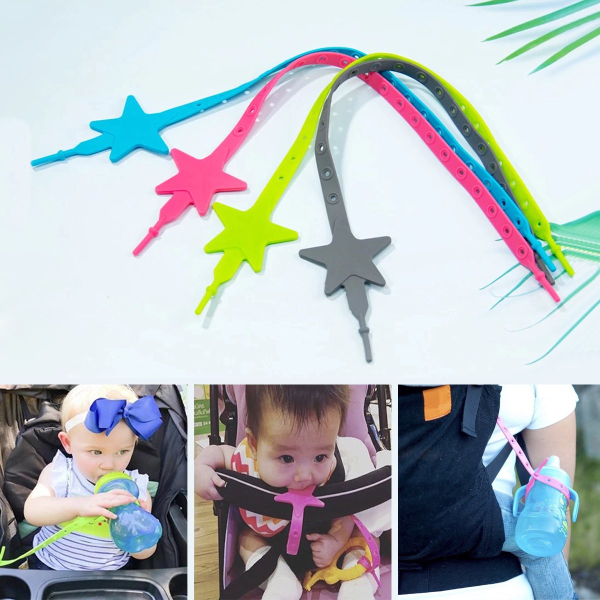 Modern non-toxic silicone pacifier clip, star design, keeping pacifiers close for baby.