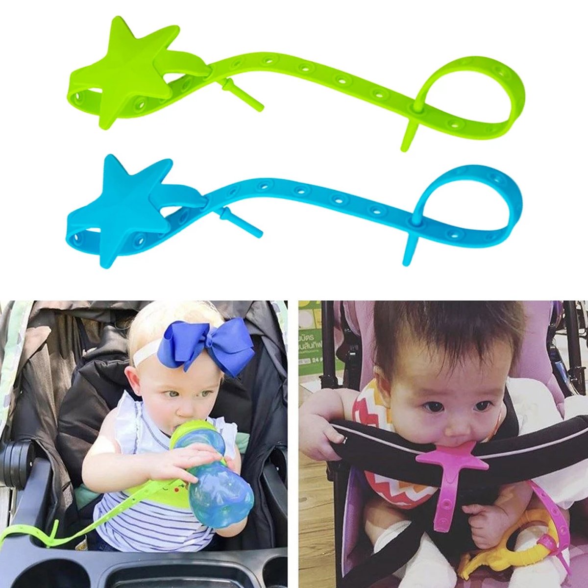 Soft non-toxic silicone star pacifier holder, a safe and practical baby gear item.