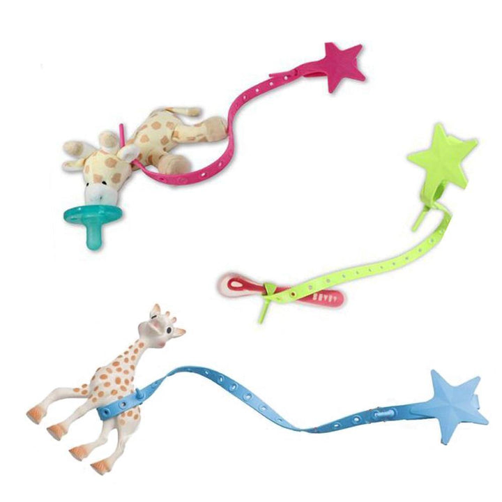 Durable non-toxic silicone pacifier holder with star motif, a must-have baby accessory.