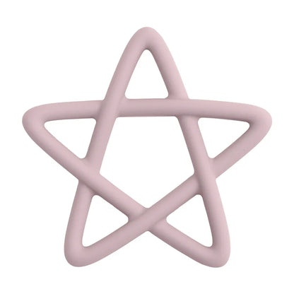 White background showcasing a single orange star silicone baby teether for gum relief