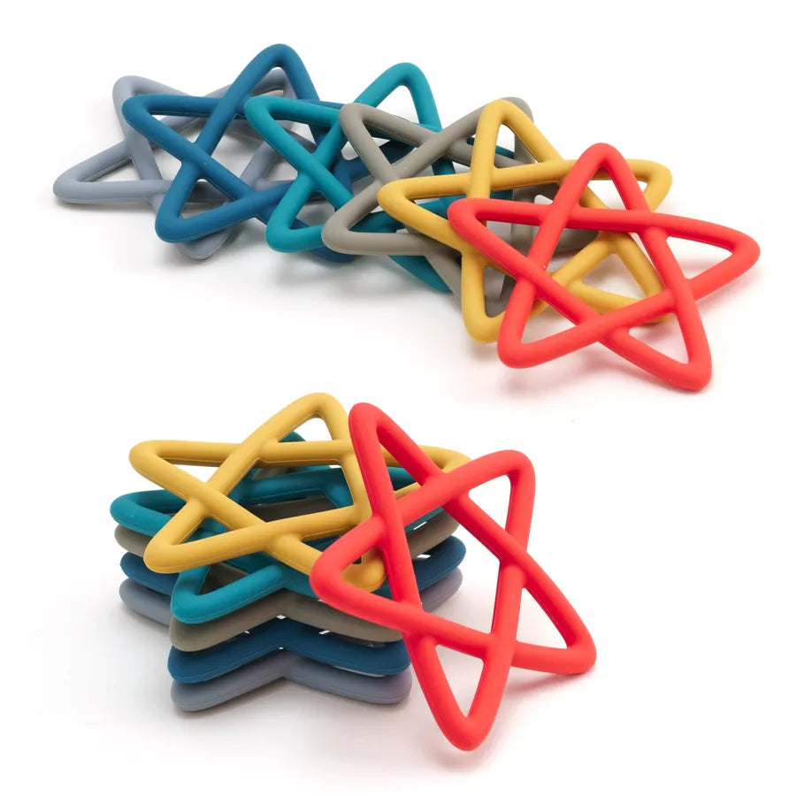 Colorful star silicone teether hanging from a stroller, a convenient baby essential