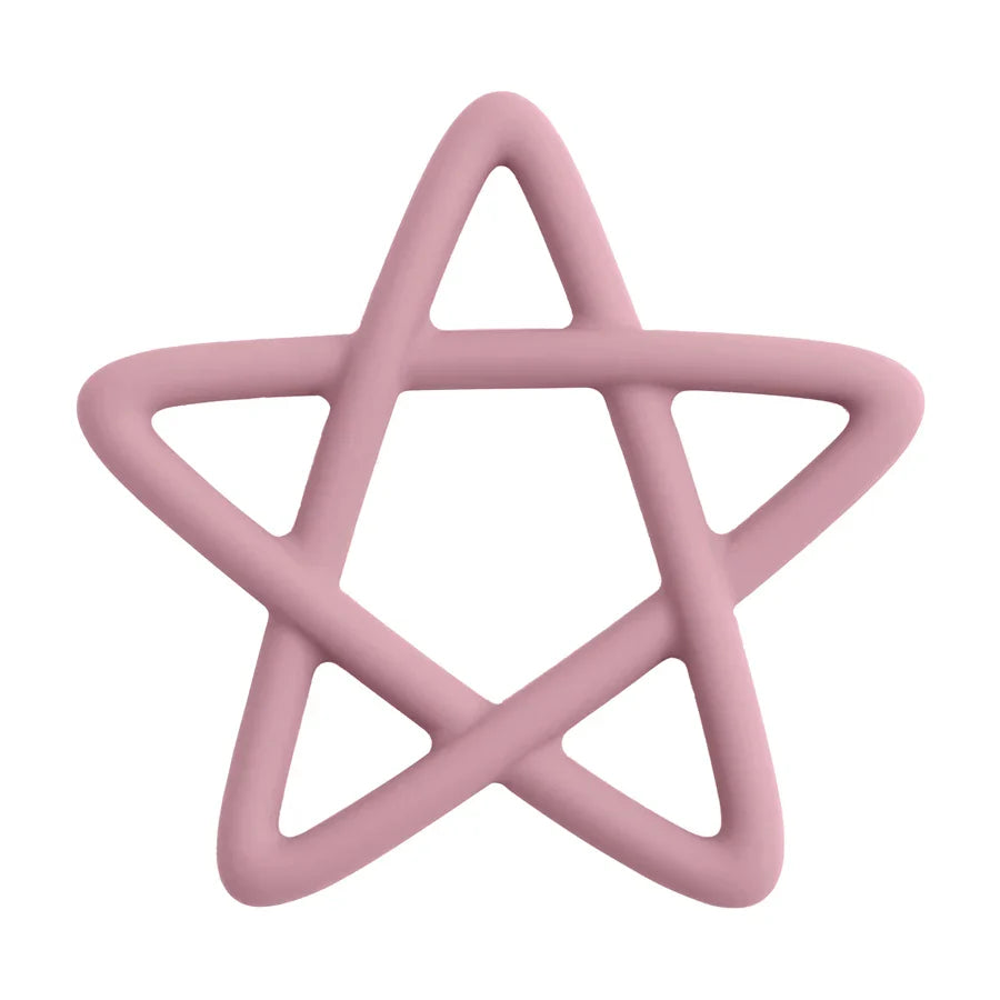 Baby holding an ergonomic star silicone teether, designed for easy grip and gum relief