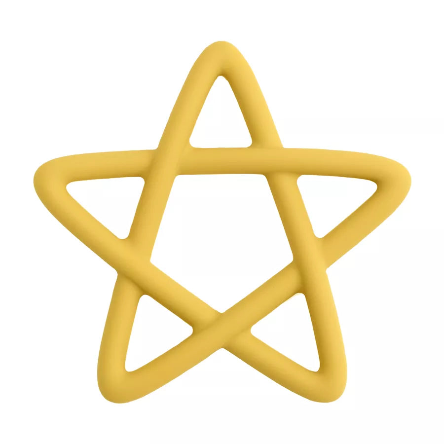 Star silicone baby teething toy shown with multiple textures to massage baby's sore gums