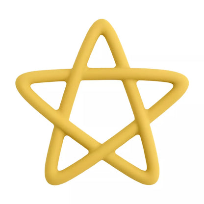 Star silicone baby teething toy shown with multiple textures to massage baby's sore gums