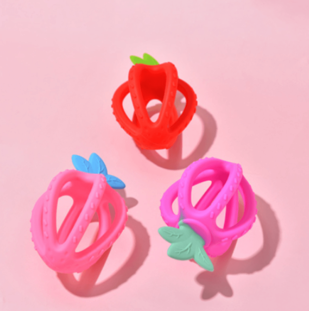 Baby Strawberry Silicone Teething Pendant Toy for infant oral development and teething relief, red