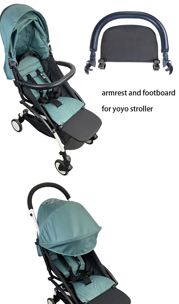 Comfort-focused stroller accessories: soft linen footboard and ergonomic leather handlebar