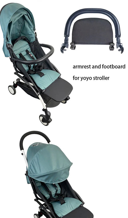 Comfort-focused stroller accessories: soft linen footboard and ergonomic leather handlebar
