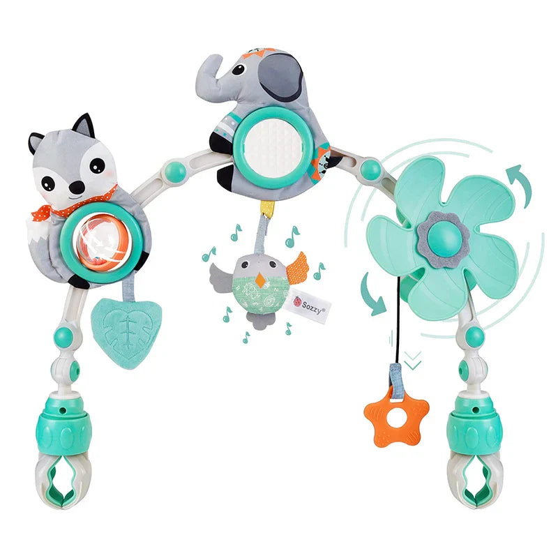 Baby stroller arch toy with hanging musical mobile for infant sensory play & development