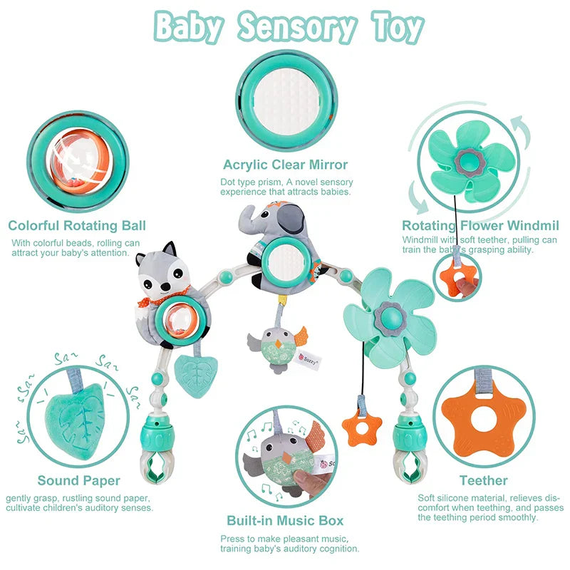 Colorful clip-on baby stroller arch toy, musical mobile for infant entertainment on-the-go