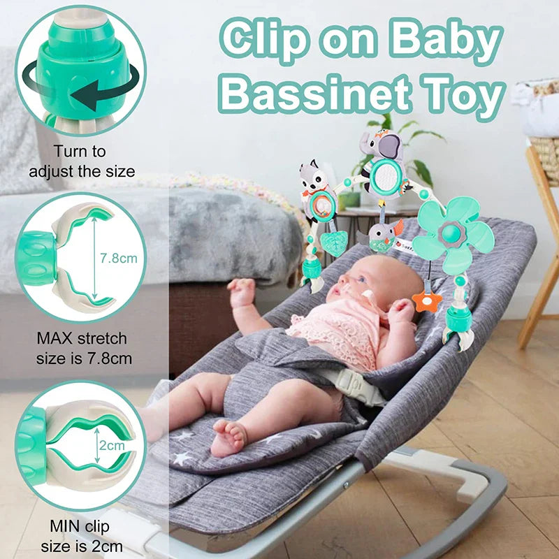 Stroller accessory: baby musical mobile arch toy featuring engaging hanging play items