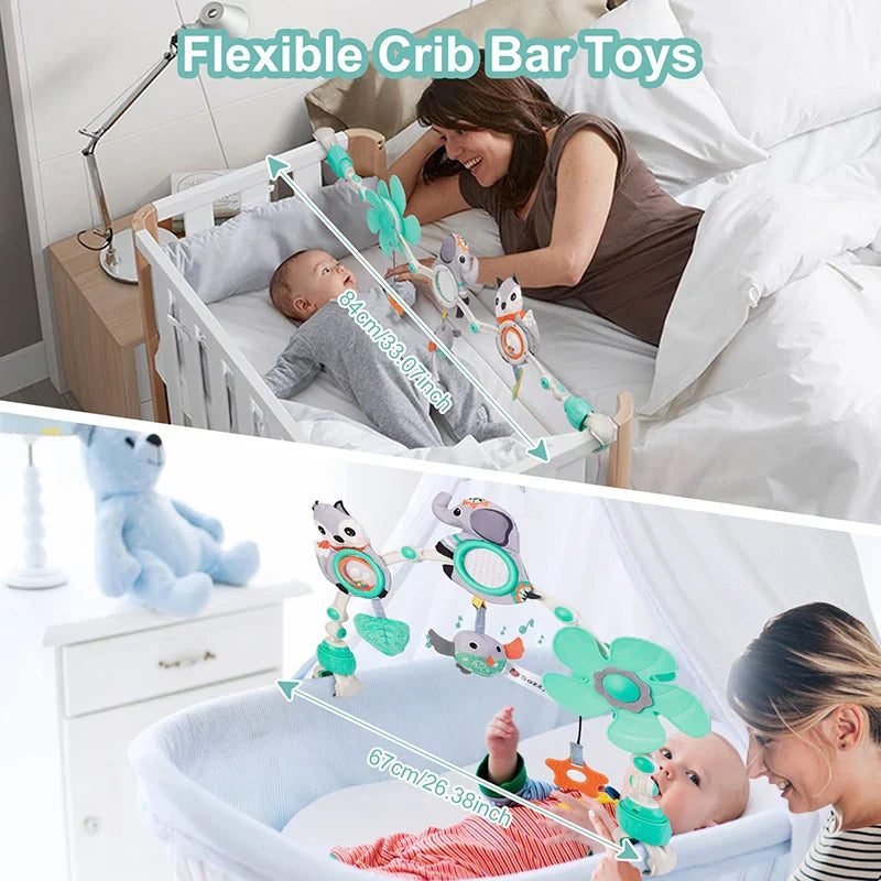 Soft baby stroller arch toy with playful animals & music, enhances infant visual & auditory senses