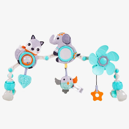 Infant entertainment: musical stroller arch toy with multiple hanging elements & sound