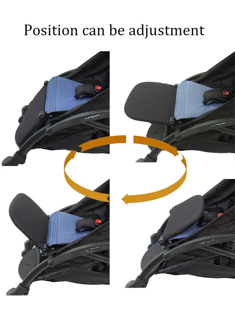 Adjustable pushchair leg rest extension, black, providing foot support for kids
