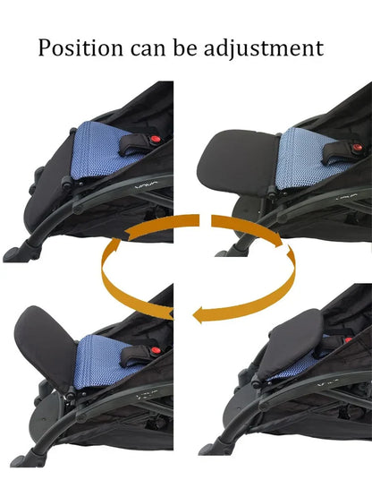 Adjustable pushchair leg rest extension, black, providing foot support for kids