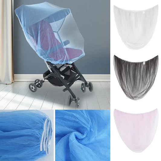 Baby stroller mosquito net, white, fine mesh, protects infants & toddlers from insects during outdoor strolls.