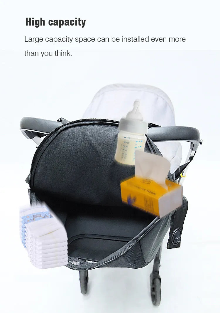 High-capacity stroller storage bag, ideal for busy parents on the go, black and durable