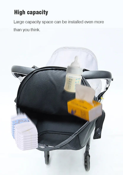 High-capacity stroller storage bag, ideal for busy parents on the go, black and durable