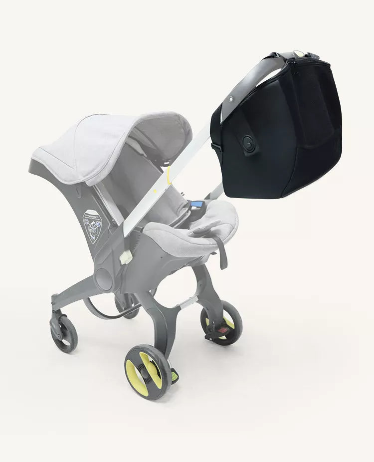 Stroller attachment bag with universal fit, black design for seamless integration with carriages