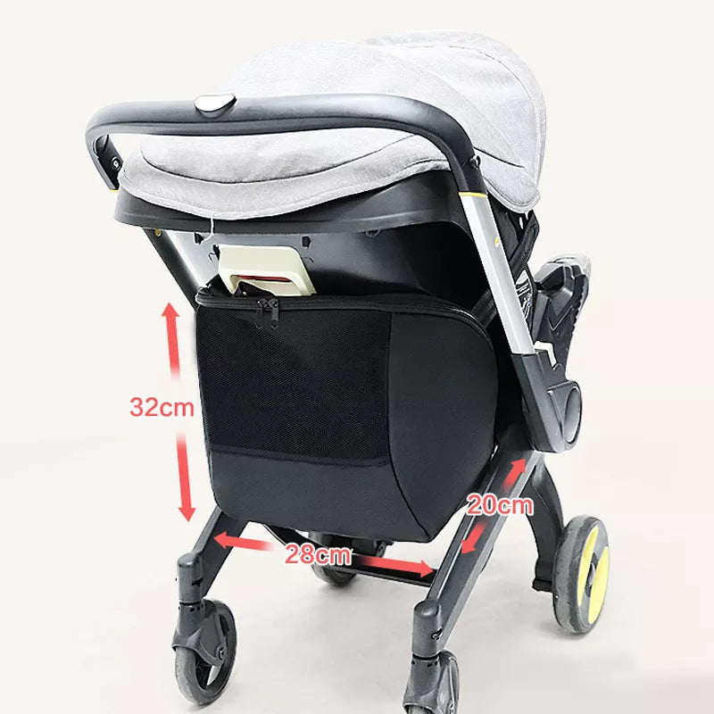 Close-up of durable polyester stroller organizer, showing secure zipper and mesh pockets for baby items