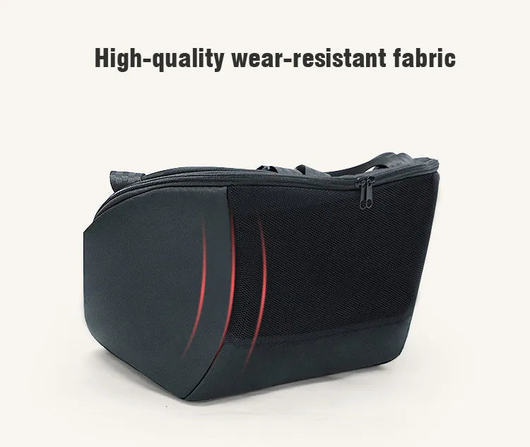 Front view of black polyester stroller caddy, showcasing ample storage for baby travel needs