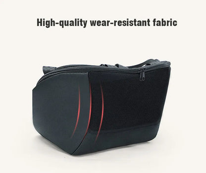 Front view of black polyester stroller caddy, showcasing ample storage for baby travel needs