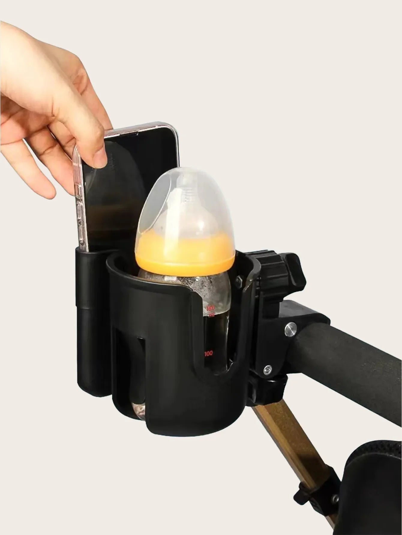 Baby Stroller Phone & Bottle Holder, a 2-in-1 organizer for on-the-go parenting essentials.