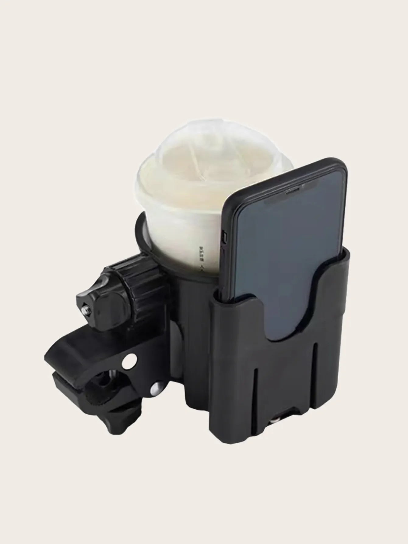 Black stroller organizer, securely holding a baby bottle and smartphone for busy parents.
