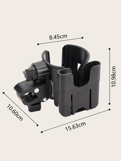 Stroller cup holder and phone mount attached to a baby transport for hands-free convenience.