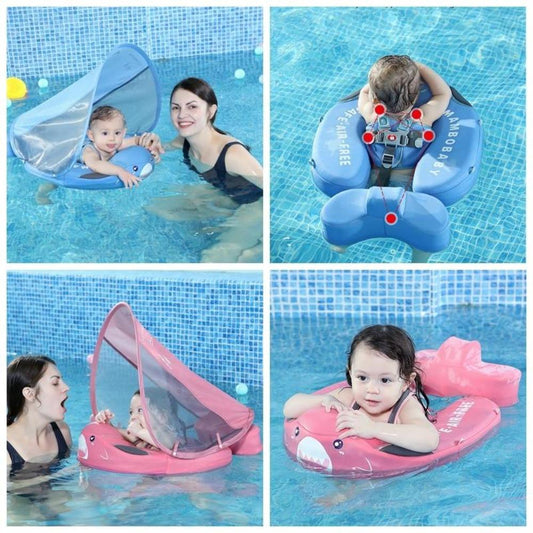 Infant float with sun canopy, baby swim trainer ring for safe water play, UPF50+ protection