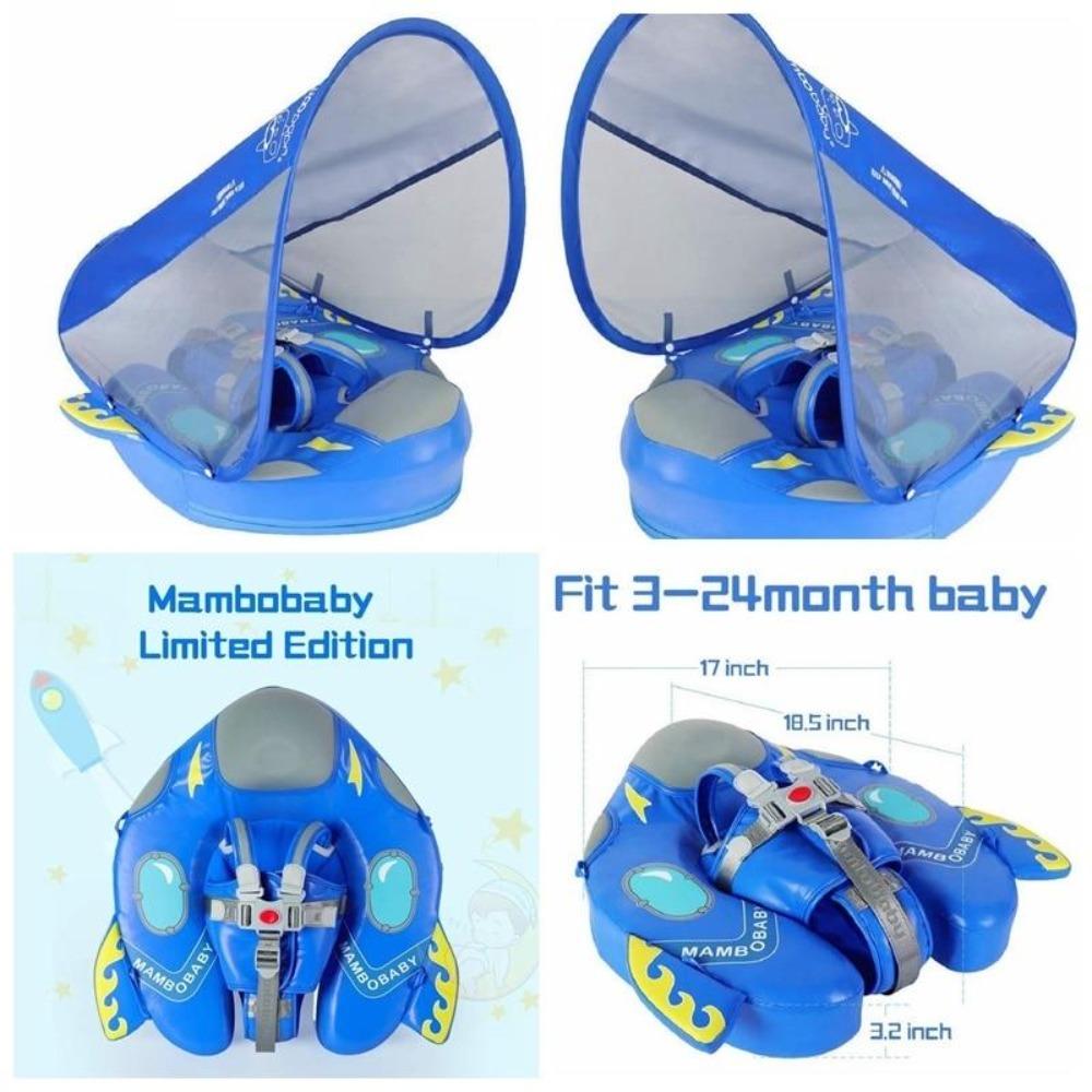 Safe baby swim trainer ring with integrated UPF50+ sun canopy, non-inflatable design