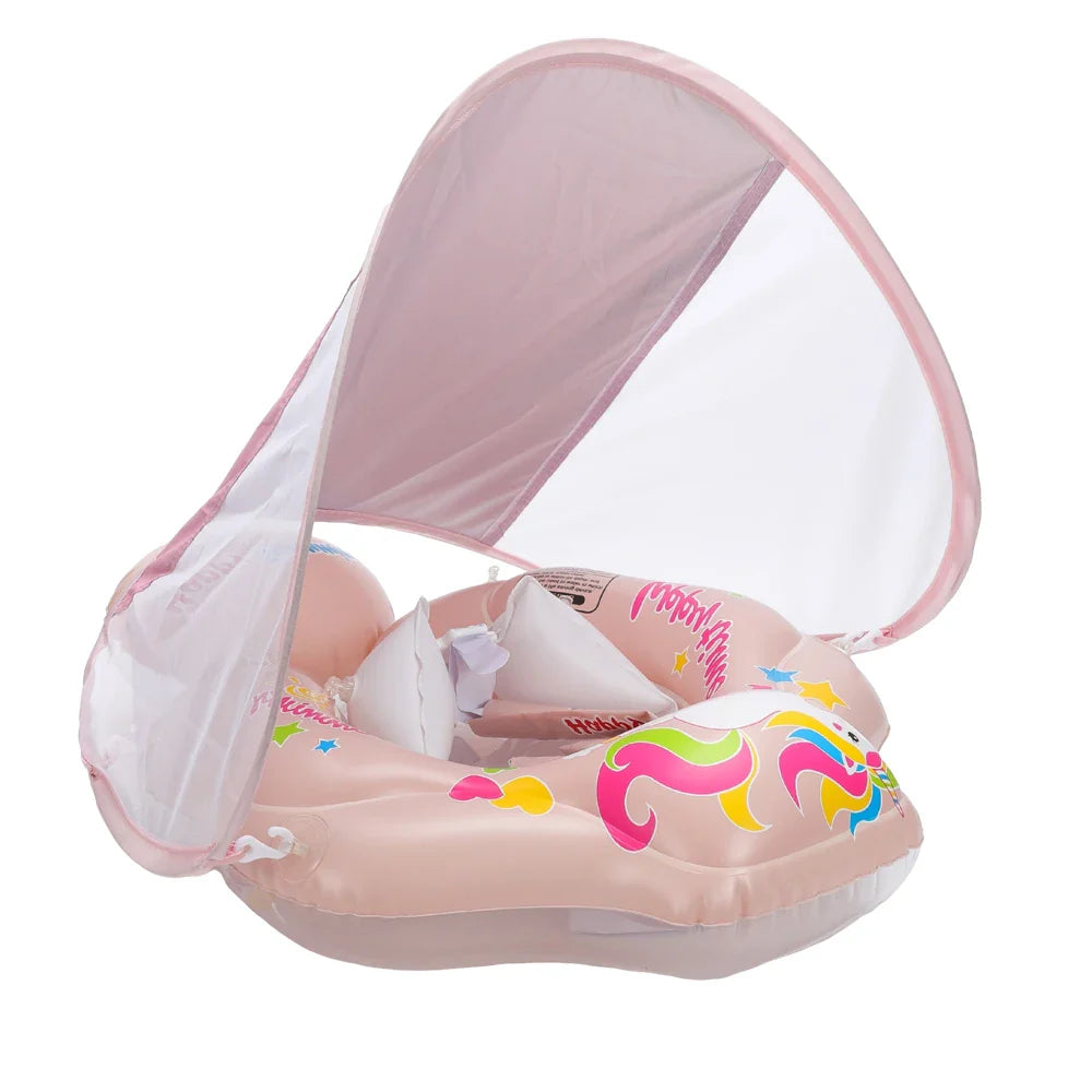Baby swimming float with orange sun canopy and blue chest support for safe water play