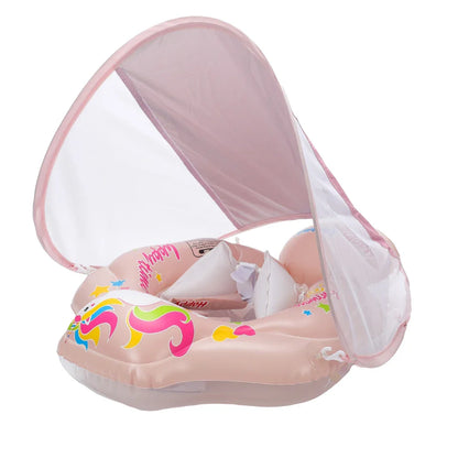 Infant swim float with adjustable orange sun canopy, ensuring baby's comfort and safety
