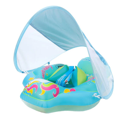 Inflatable baby swim float with adjustable UPF 50+ sun canopy, perfect for toddlers