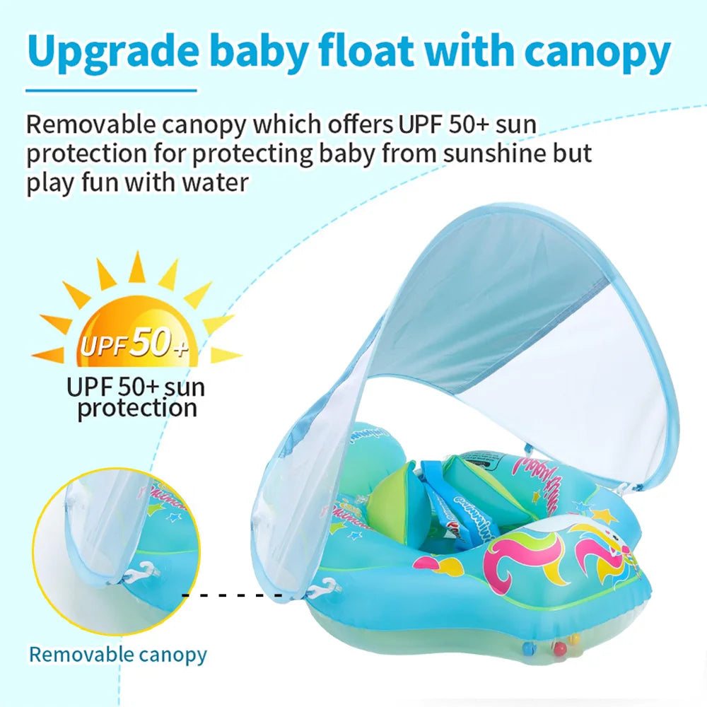 Toddler swimming float featuring a bright orange canopy and secure safety harness