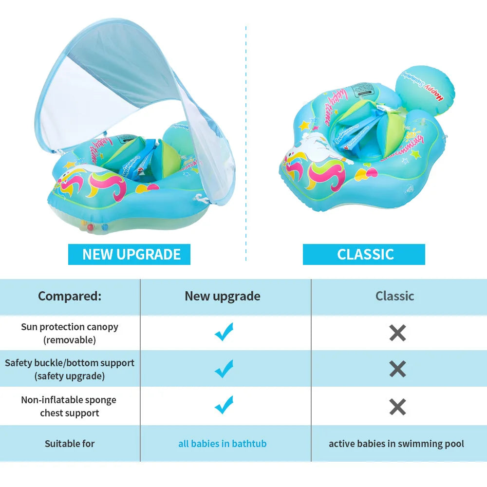 Baby water play float, blue and orange, with comfortable chest support and sun protection