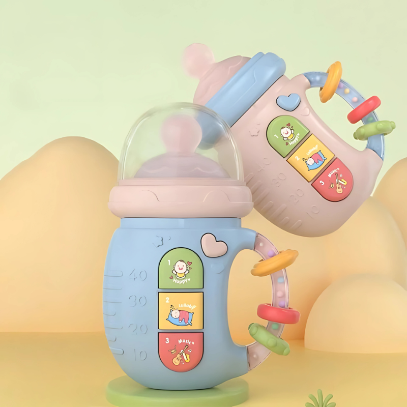 Baby teether toy with colorful lights and musical sounds for infant soothing and developmental play.