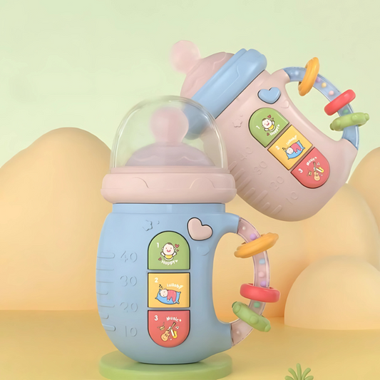 Baby teether toy with colorful lights and musical sounds for infant soothing and developmental play.