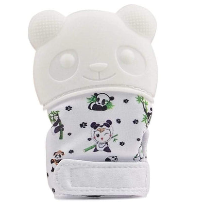 Baby gripping a Teething Mitten with a crinkling sound feature and silicone teether for stimulation