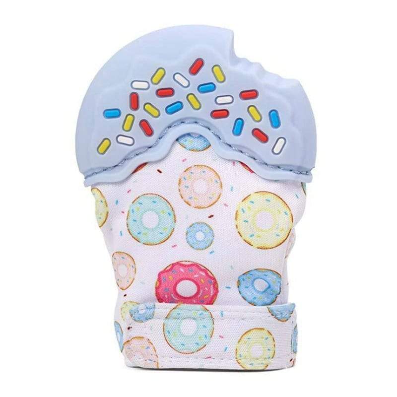 Hand holding a Baby Teething Mitten, showing the soft fabric and durable silicone soother