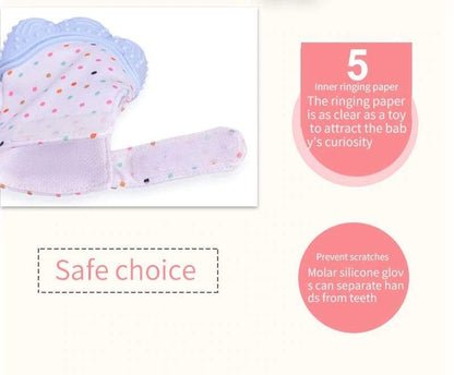 Close-up of a Baby Teething Mitten featuring a textured silicone soother for gum relief