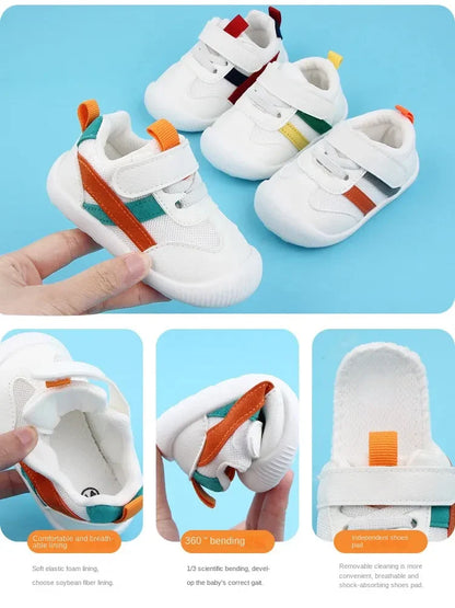 Detail of the soft sole on a baby toddler mesh breathable non-slip first walker shoe