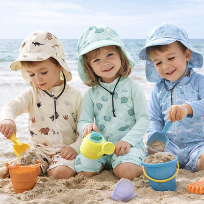 Close-up of blue baby swimwear set for sun protection, showing quick-dry fabric texture