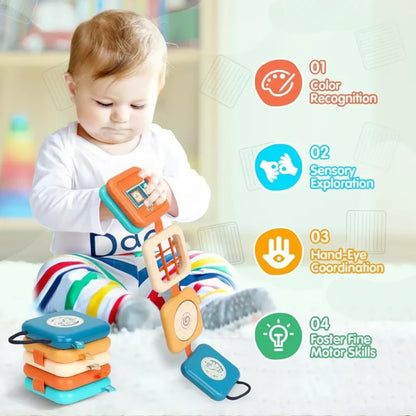 Toddler playing with an educational travel activity board, developing fine motor skills with montessori toy