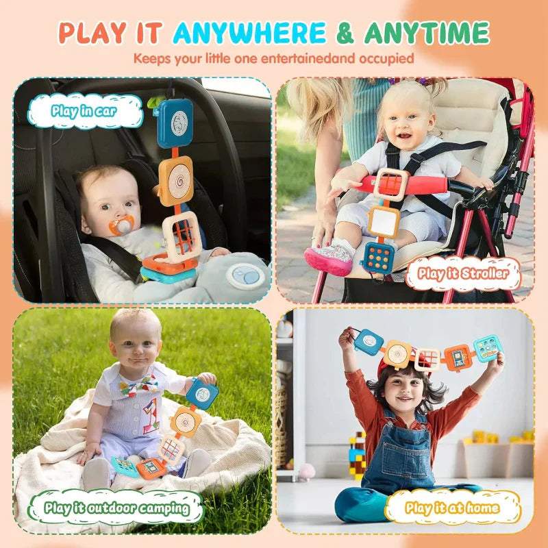 Portable baby montessori activity board, for travel and encouraging fine motor development in kids