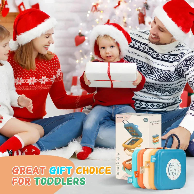 Brightly colored baby travel activity board, a durable educational toy for fine motor skill practice