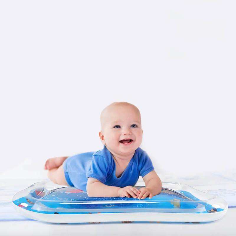 Baby tummy time water play mat with floating marine life, promoting infant sensory development & strengthening.