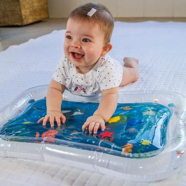 Infant sensory water play mat for tummy time, designed with colorful corals & marine animals to aid development.